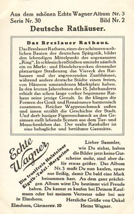 1930 Echte Wagner Deutsche Rathauser (German Townhalls) Album 3, Serie 30 #2 Das Breslauer Rathaus Back