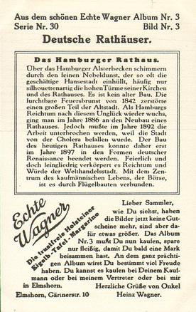 1930 Echte Wagner Deutsche Rathauser (German Townhalls) Album 3, Serie 30 #3 Das Hamburger Rathaus Back