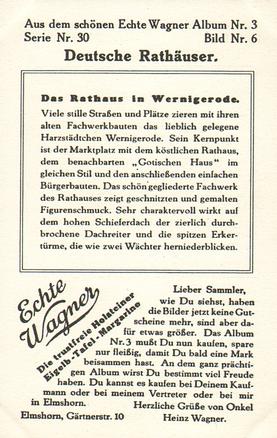 1930 Echte Wagner Deutsche Rathauser (German Townhalls) Album 3, Serie 30 #6 Das Rathaus in Wernigerode Back