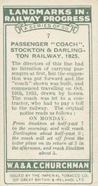 1931 Churchman's Landmarks in Railway Progress #7 Passenger 'Coach', Stockton & Darlington Railway,   1825 Back