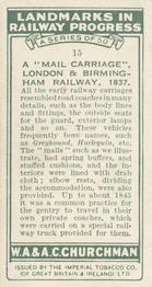 1931 Churchman's Landmarks in Railway Progress #15 'Mail Carriage', London & Birmingham Railway,       1837 Back