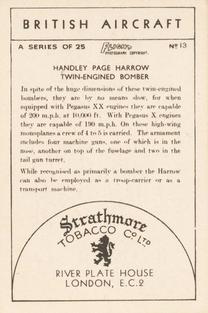 1938 Strathmore British Aircraft #13 Handley Page Harrow Twin-Engined Bomber Back