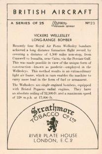 1938 Strathmore British Aircraft #23 Vickers Wellesley Long-Range Bomber Back