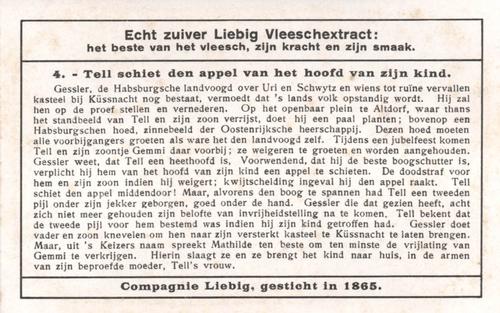 1938 Liebig Willem Tell (William Tell) (Dutch Text) (F1372, S1386) #4 Tell schlet den appel van het hoofd van zijn kind Back