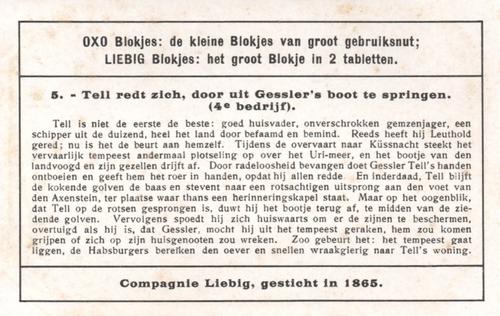 1938 Liebig Willem Tell (William Tell) (Dutch Text) (F1372, S1386) #5 Tell redt zich, door uit Gessler's boot te springen. (4e bedrijf) Back