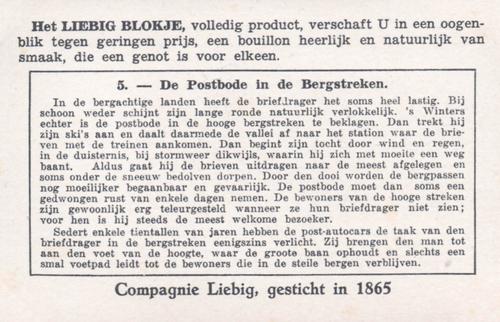 1940 Liebig Geschiedenis Van Het Postwezen (The History of the Post)(Dutch Text)(F1413, S1419) #5 De Postbode in de Bergstreken Back