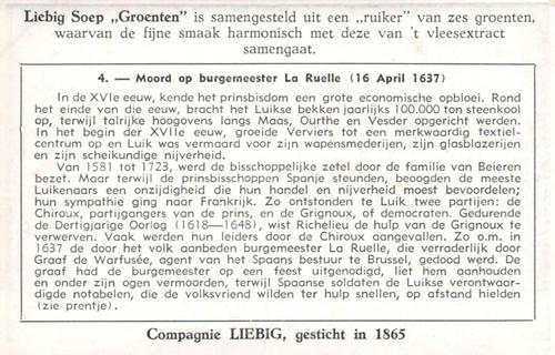 1951 Liebig De Geschiedenis van onze provincies - Luik (History of Liege) (Dutch Text) (F1520, S1525) #4 Moord op burgemeester La Ruelle (16 April 1637) Back