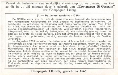1951 Liebig De Geschiedenis van onze provincies - Luik (History of Liege) (Dutch Text) (F1520, S1525) #5 De Luikse revolutie (1789) Back