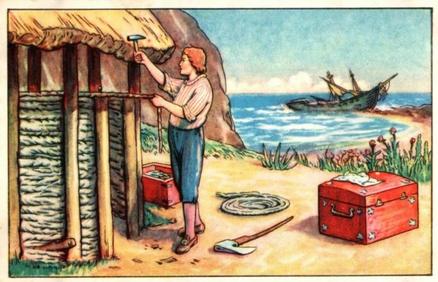 1930 Echte Wagner Robinson Crusoe Album 3, Serie 4 #3 Bau der Hütte Front