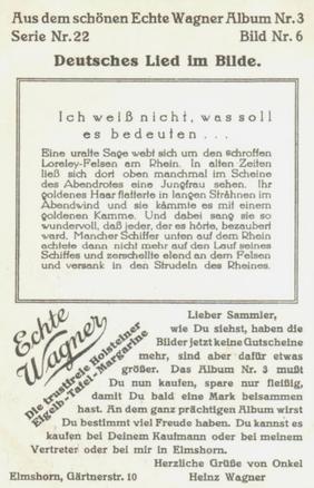 1930 Echte Wagner Deutsches Lied im Bilde (German Songs in Pictures) Album 3, Serie 22 #6 Ich weiß nicht, was soll es bedeuten ... Back