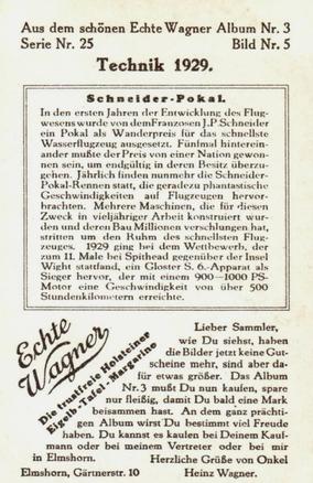 1930 Echte Wagner Technik 1929 (1929 Technology) Album 3, Serie 25 #5 Schneider-Pokal Back