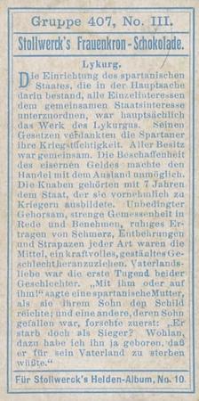 1908 Stollwerck Album 10 Gruppe 407 Antike Gesetzgeber (Ancient Legislators)  #III Lykurg Back