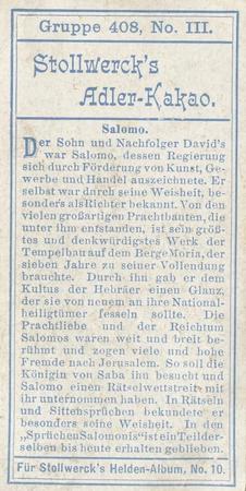 1908 Stollwerck Album 10 Gruppe 408 Helden der Juden, Lyder und Perser (Heroes of the Jews, Lydians, and Persians)  #III Salomo Back
