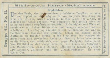 1908 Stollwerck Album 10 Gruppe 411 Beruhmte Dramatiker und Historiker (Famous Dramatist and Historians) #II Sophokles Back