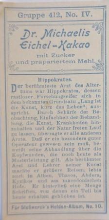 1908 Stollwerck Album 10 Gruppe 412 Die Weisen und ihre grossten Schuler (Wise Men and Their Greatest Students)  #IV Hippokrates Back