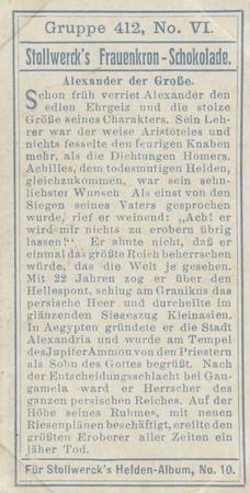 1908 Stollwerck Album 10 Gruppe 412 Die Weisen und ihre grossten Schuler (Wise Men and Their Greatest Students)  #VI Alexander der Grosse Back
