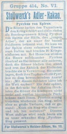 1908 Stollwerck Album 10 Gruppe 414 Romerhelden und ihre grossen Gegner I (Roman Heroes and Their Greatest Opponents)  #VI Pyrrhus von Epirus Back