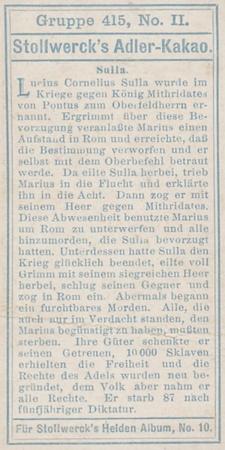 1908 Stollwerck Album 10 Gruppe 415 Romerhelden und ihre grossen Gegner II (Roman Heroes and Their Greatest Opponents)  #II Sulla Back