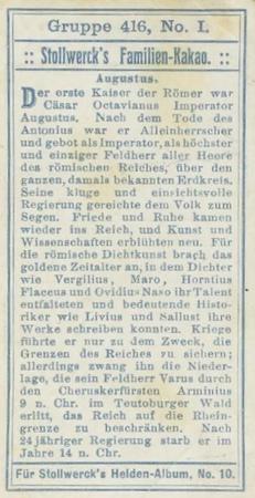 1908 Stollwerck Album 10 Gruppe 416 Grosse Romische Kaiser (Great Roman Emperors)  #I Augustus Back