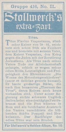 1908 Stollwerck Album 10 Gruppe 416 Grosse Romische Kaiser (Great Roman Emperors)  #II Titus Back