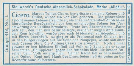 1908 Stollwerck Album 10 Gruppe 418 Romische Geisteshelden (Roman Spiritual Heroes)  #I Cicero Back