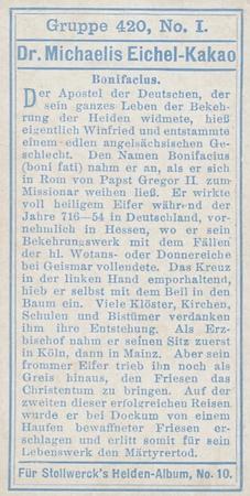 1908 Stollwerck Album 10 Gruppe 420 Deutsche Helden (German Heroes)  #I Bonifacius Back