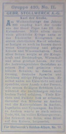 1908 Stollwerck Album 10 Gruppe 420 Deutsche Helden (German Heroes)  #II Karl der Grosse Back