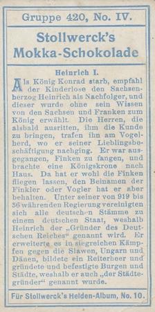 1908 Stollwerck Album 10 Gruppe 420 Deutsche Helden (German Heroes)  #IV Heinrich I Back