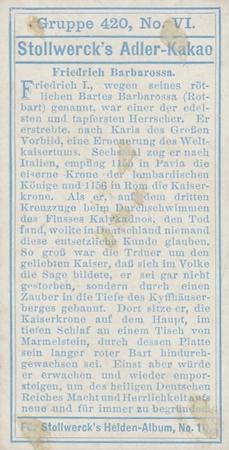 1908 Stollwerck Album 10 Gruppe 420 Deutsche Helden (German Heroes)  #VI Friedrich Barbarossa Back