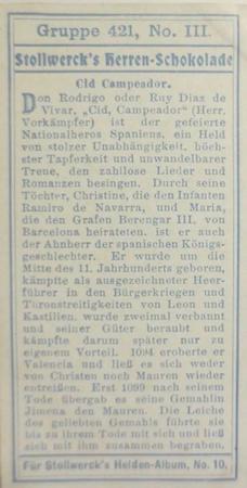 1908 Stollwerck Album 10 Gruppe 421 Fremde Helden (Foreign Heroes)  #III Cid Campeador Back