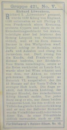 1908 Stollwerck Album 10 Gruppe 421 Fremde Helden (Foreign Heroes)  #V Richard Lowenherz Back