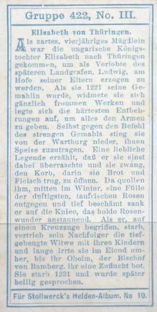 1908 Stollwerck Album 10 Gruppe 422 Aus der Zeit der Kreuzzuge (From the Time of the Crusades)  #III Elisabeth von Thuringer Back
