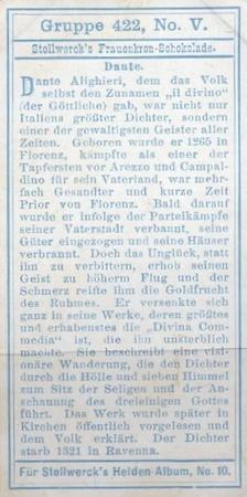 1908 Stollwerck Album 10 Gruppe 422 Aus der Zeit der Kreuzzuge (From the Time of the Crusades)  #V Dante Back