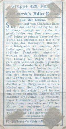 1908 Stollwerck Album 10 Gruppe 423 Befreier und Eroberer (Liberators and Conquerors)  #V Karl der Kuhne Back