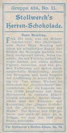 1908 Stollwerck Album 10 Gruppe 424 Alte deutsche Meister (Old German Masters)  #II Hans Memling Back