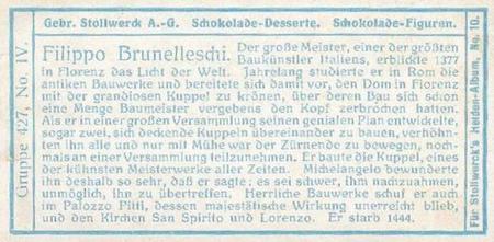 1908 Stollwerck Album 10 Gruppe 427 Beruhmte Erzgiesser und Baumeister (Famous Ore Casters and Builders) #IV Filippo Brunelleschi Back