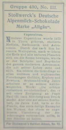 1908 Stollwerck Album 10 Gruppe 430 Beruhmte Entdecker und Erfinder (Famous Explorers and Inventors)  #III Copernicus Back