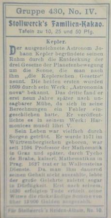 1908 Stollwerck Album 10 Gruppe 430 Beruhmte Entdecker und Erfinder (Famous Explorers and Inventors)  #IV Kepler Back