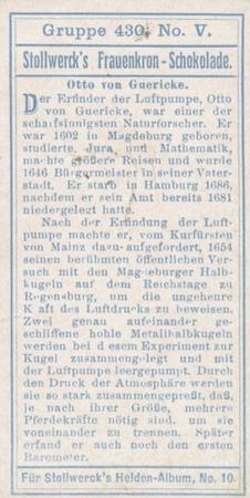 1908 Stollwerck Album 10 Gruppe 430 Beruhmte Entdecker und Erfinder (Famous Explorers and Inventors)  #V Otto von Guericke Back