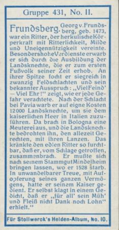1908 Stollwerck Album 10 Gruppe 431 Grosse Kriegshelden (Great War Heroes)  #II Frundsberg Back