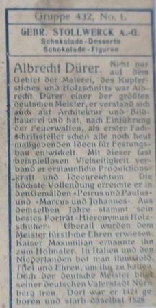 1908 Stollwerck Album 10 Gruppe 432 Beruhmte Maler (Famous Painters)  #I Albrecht Durer Back