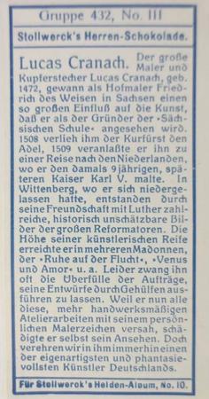 1908 Stollwerck Album 10 Gruppe 432 Beruhmte Maler (Famous Painters)  #III Lucas Cranach Back