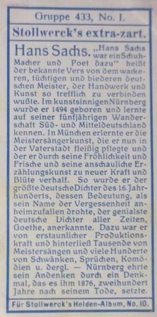 1908 Stollwerck Album 10 Gruppe 433 Beruhmte Dichter (Famous Poets)  #I Hans Sachs Back