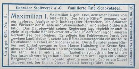 1908 Stollwerck Album 10 Gruppe 434 Helden verschiedener Lander (Heroes from Different Lands)  #II Maximilian I Back