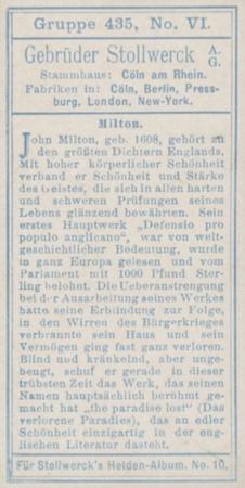 1908 Stollwerck Album 10 Gruppe 435 Beruhmte Englander (Famous English People)  #VI Milton Back
