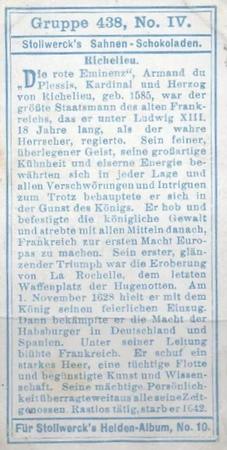 1908 Stollwerck Album 10 Gruppe 438 Kriegs- und Geisteshelden (War and Spiritual Heroes)  #IV Richelieu Back