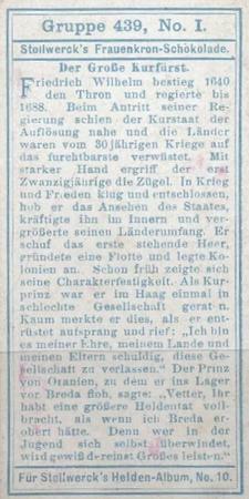1908 Stollwerck Album 10 Gruppe 439 Grosse Herrscher und Helden (Great Rulers and Heroes)  #I Der Grosse Kurfurst Back