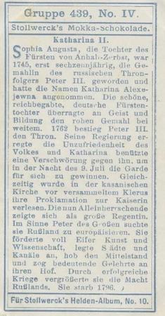 1908 Stollwerck Album 10 Gruppe 439 Grosse Herrscher und Helden (Great Rulers and Heroes)  #IV Katharina II Back