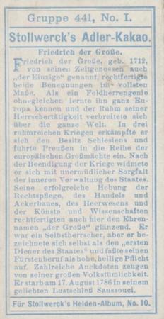 1908 Stollwerck Album 10 Gruppe 441 Helden aud der Zeit Friedrichs des Grossen (Heroes from the Time of Fredrich the Great)  #I Friedrich der Grosse Back