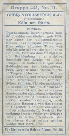 1908 Stollwerck Album 10 Gruppe 441 Helden aud der Zeit Friedrichs des Grossen (Heroes from the Time of Fredrich the Great)  #II Ziethen Back